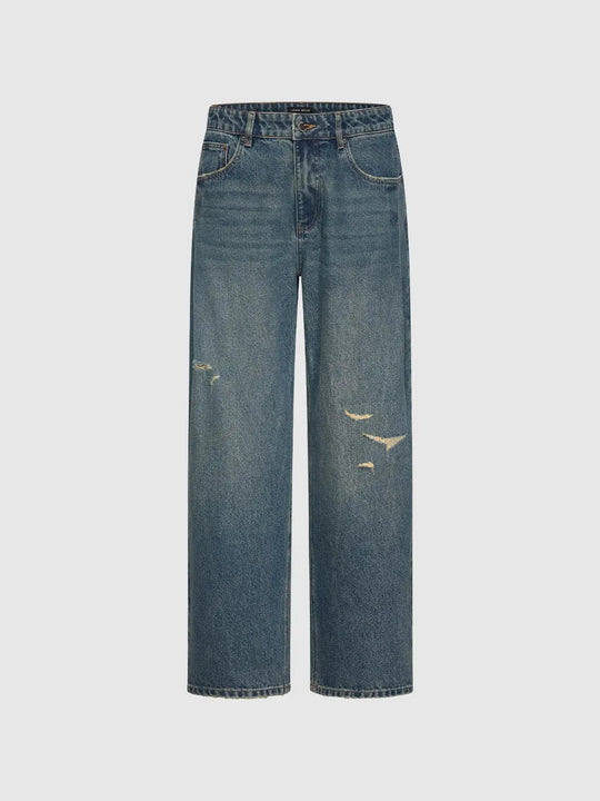 Distressed Wide-leg Mid-rise Cotton Jeans