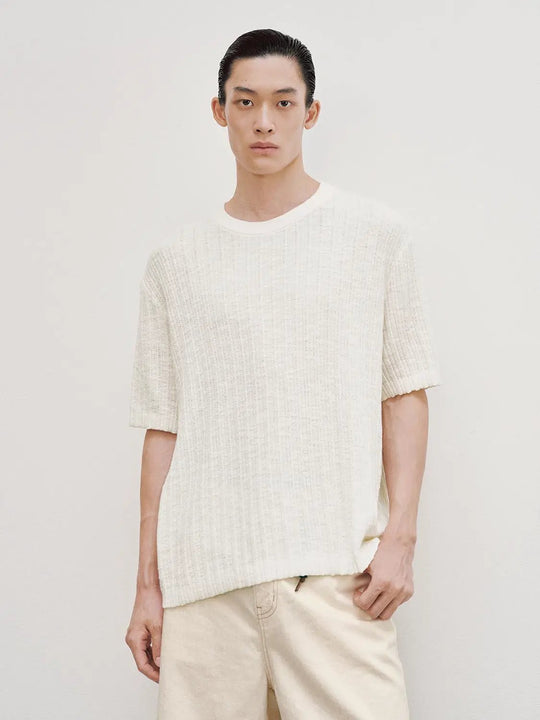 Ribbed Knit Textured Crew Neck Cotton T-shirt