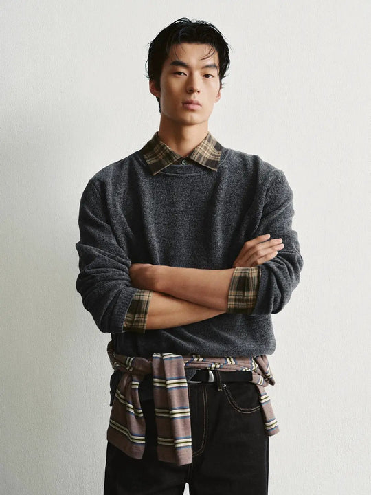 Checked Collar Long Sleeve Textured Knit Sweater