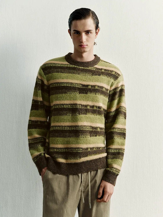 Ribbed Striped Crew Neck Long Sleeve Knit Sweater