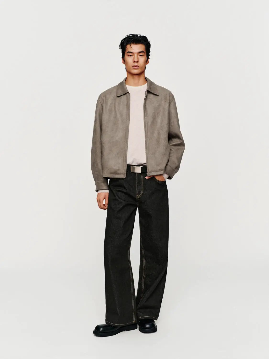 Jacket by Urban Revivo Fashion; taupe suede-look with collar on a male model