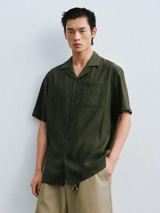 Olive Linen Button Front Short Sleeve Shirts