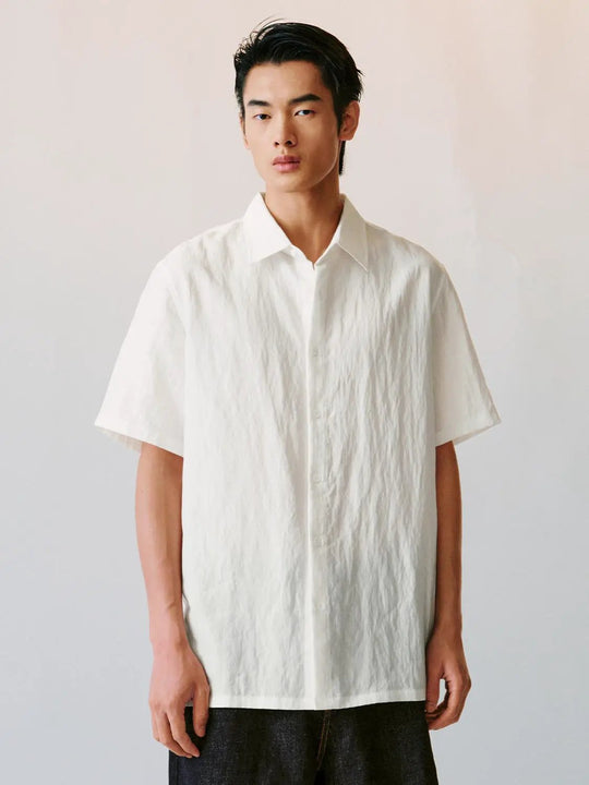 Loose Point Collar Wrinkle Textured Short Sleeve Shirt