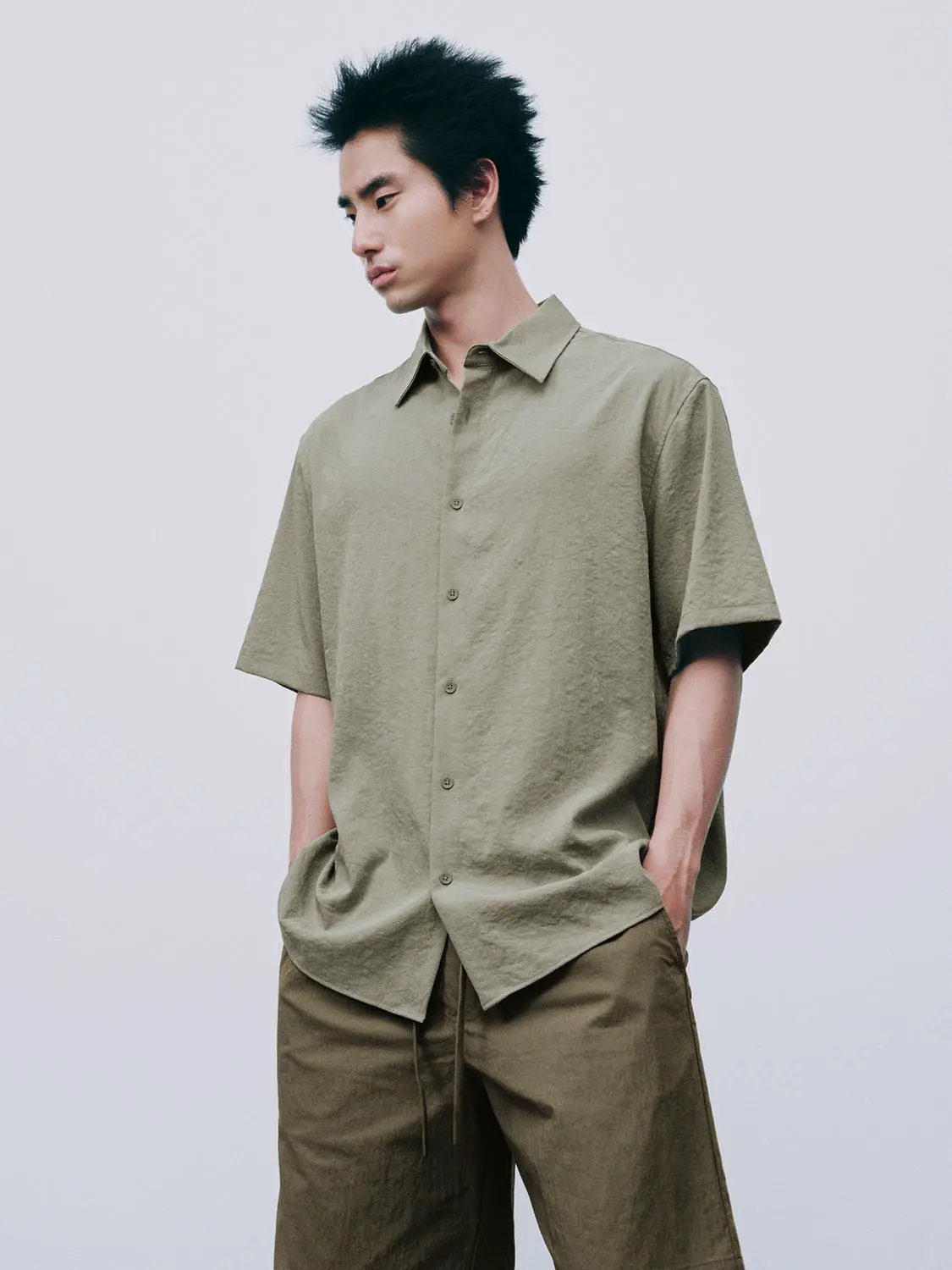 Open-Front Shirt by Urban Revivo Fashion; olive lightweight short-sleeve shirt