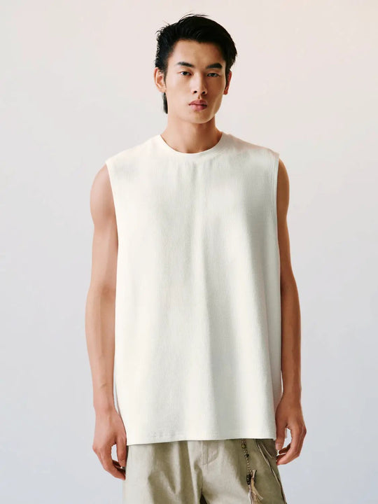 Textured Crew Neck Sleeveless Cotton Tank Top