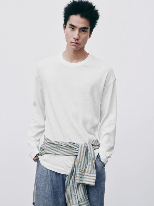 T-shirt in misto cotone a tinta unita, girocollo e maniche lunghe