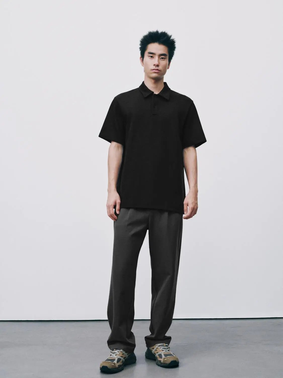 Textured Brushed Polo Shirt, men's cotton blend in black