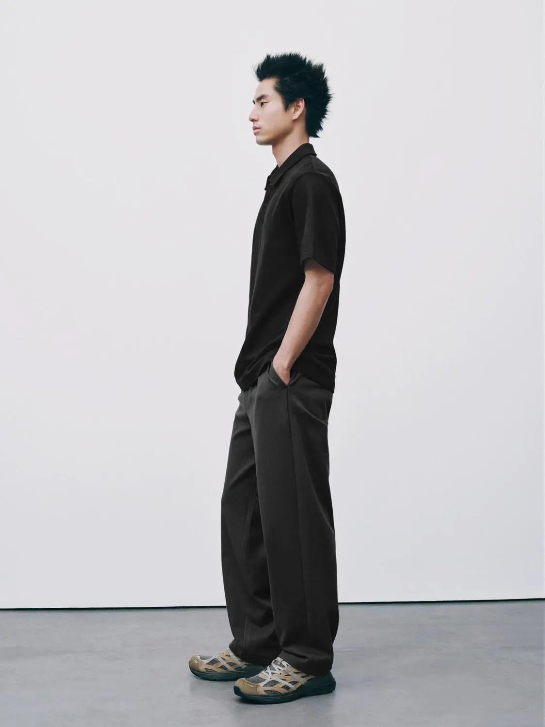 Textured Brushed Polo Cotton Blend Shirt, black, men's polo shirt