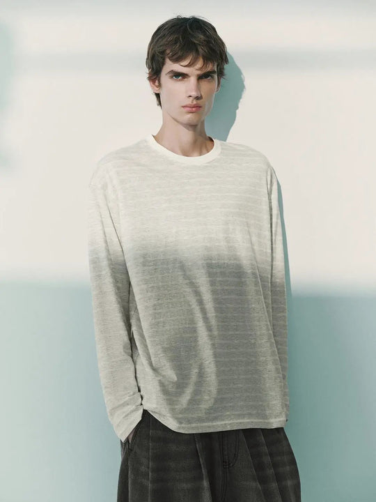 Gradient Crew Neck Long Sleeve Cotton Blend T-Shirt