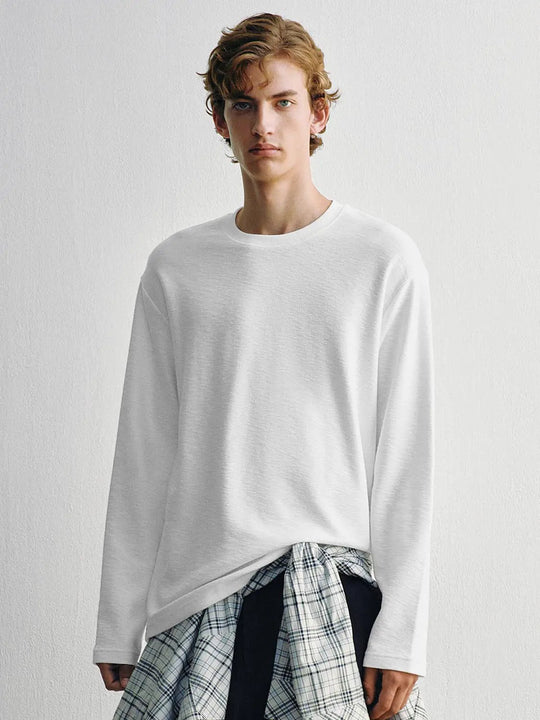 T-shirt a maniche lunghe in misto cotone con girocollo