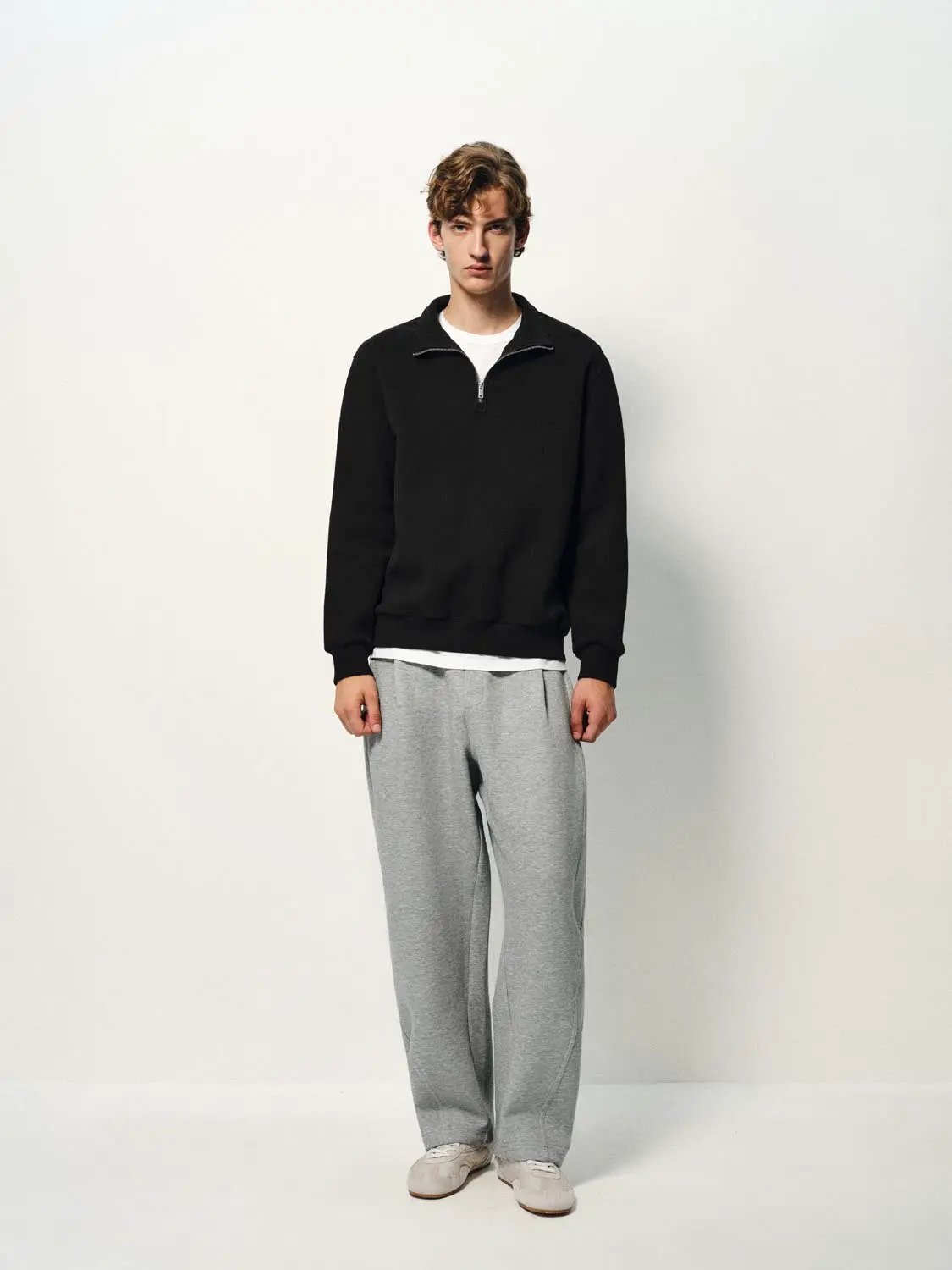 Urban Revivo Fashion Sweatshirt, black long-sleeve zip-neck pullover with white layer underneath.