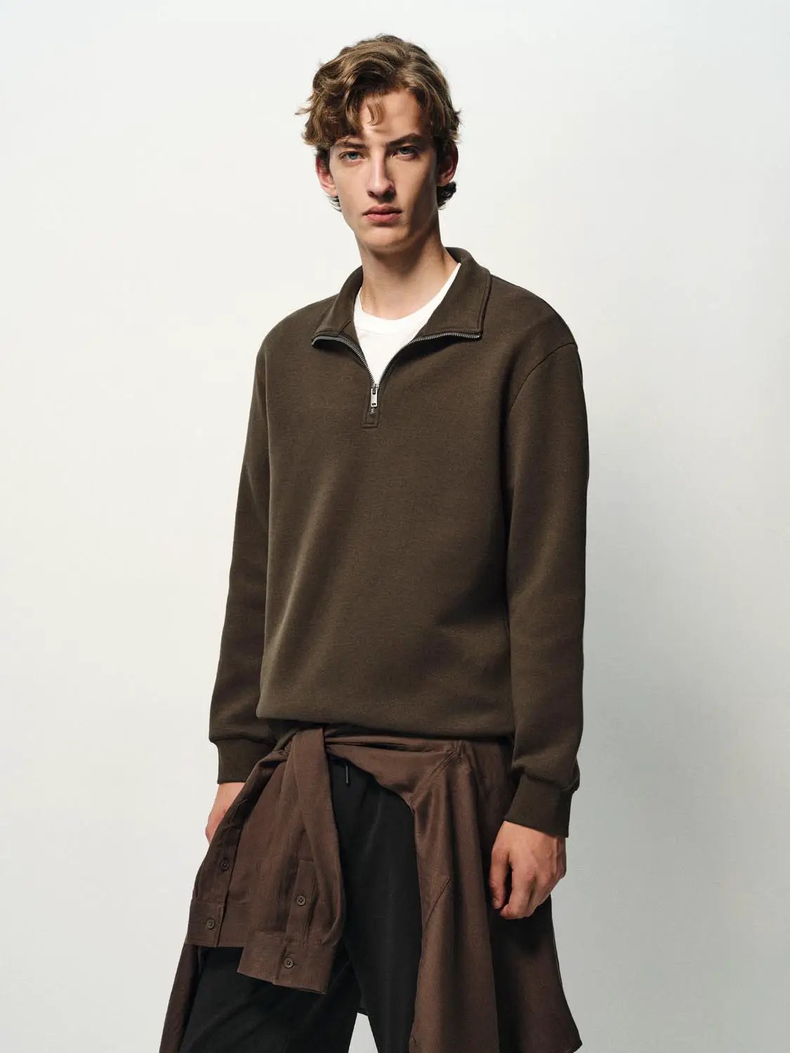 Sweatshirt, brown half-zip fleece; brown jacket tied at waist (2 items), Urban Revivo Fashion.