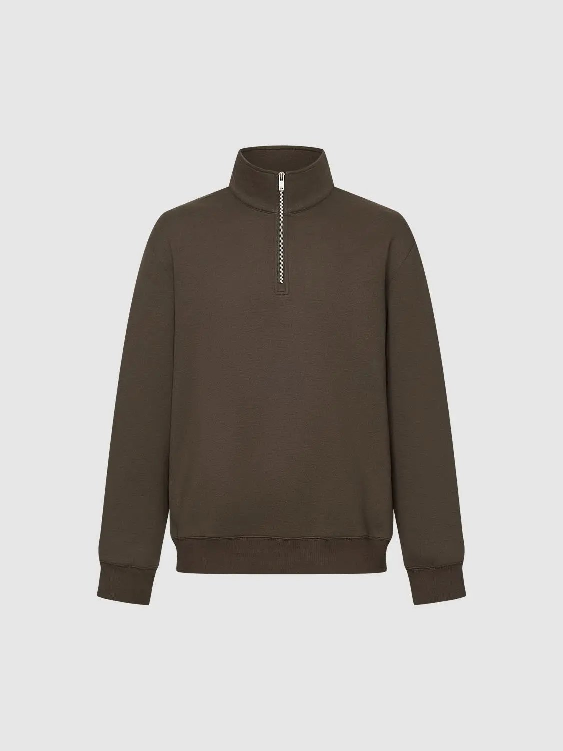 Urban Revivo Sweatshirt, brown fleece with silver quarter-zip and stand collar