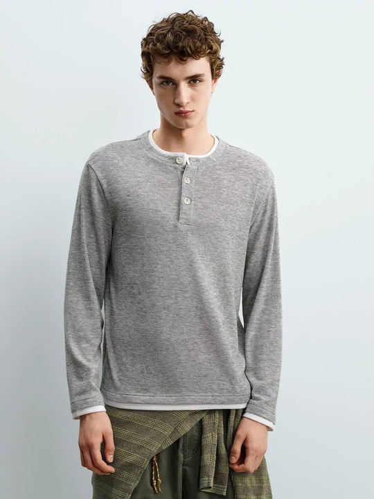 Contrast Trim Button Neck Heather Long Sleeve T-Shirt