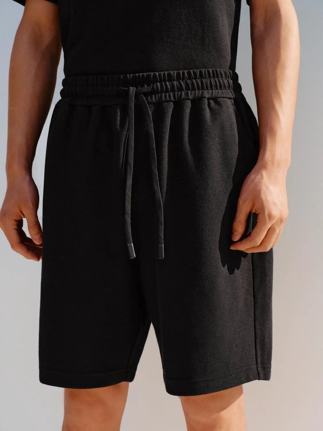 Elastic drawstring waist cotton-blend shorts for men in black