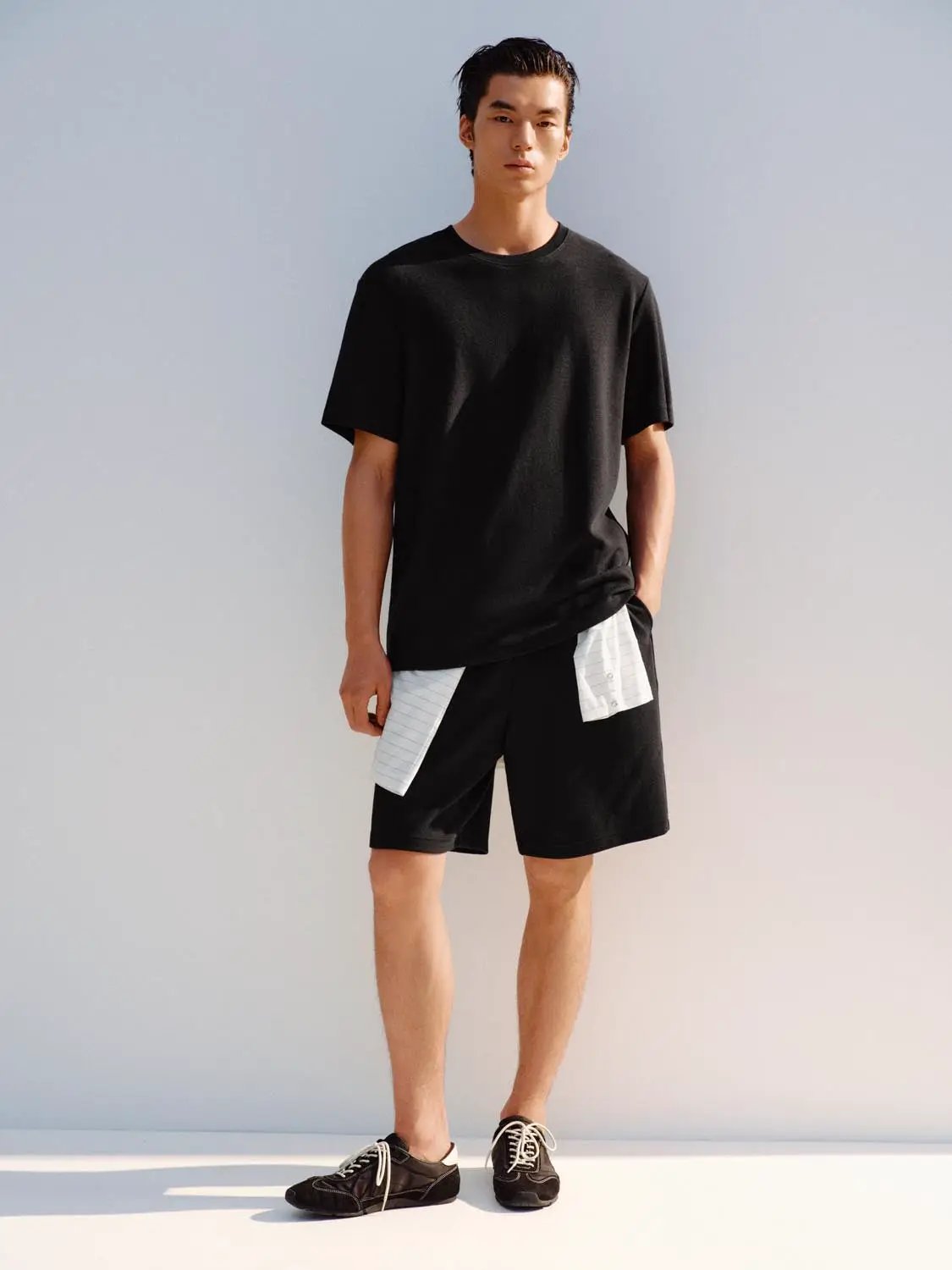 Elastic Drawstring Waist Cotton Blend Shorts, black with white patch panels