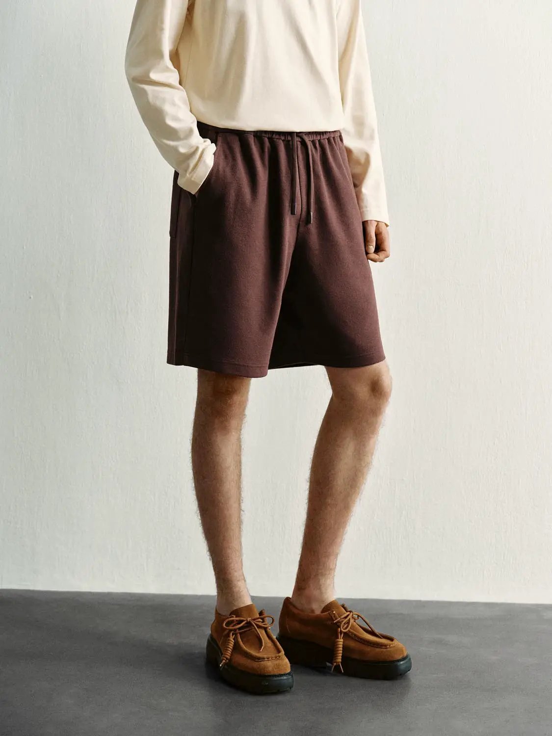 Elastic Drawstring Waist Cotton Blend Shorts, dark brown, men's casual shorts.