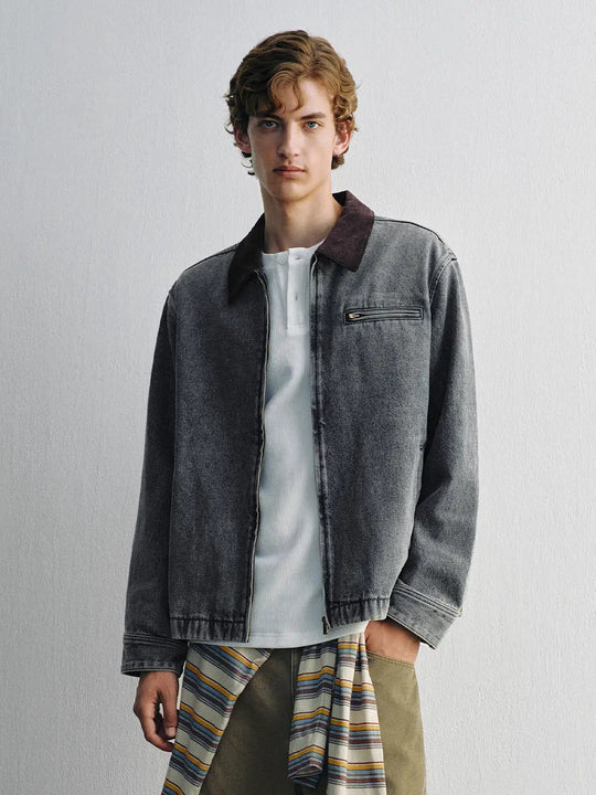 Washed Contrast Collar Zipper Front Cotton Denim Jacket