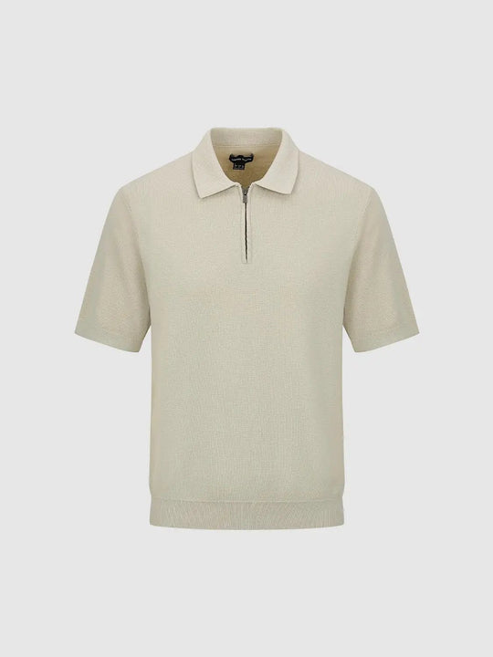 Camisa de algodón de manga corta de punto con bajo acanalado y cuello con cremallera