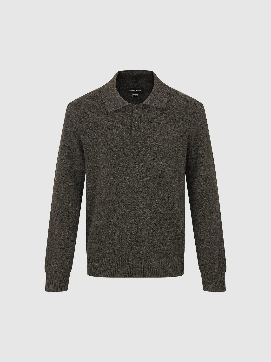 Knit T-Shirt by Urban Revivo Fashion in charcoal grey knitted fabric with a collared polo-style neck and long sleeves