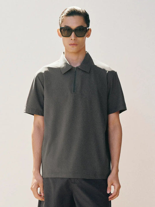 Zip Polo Collar Short Sleeve Nonstretch Shirt