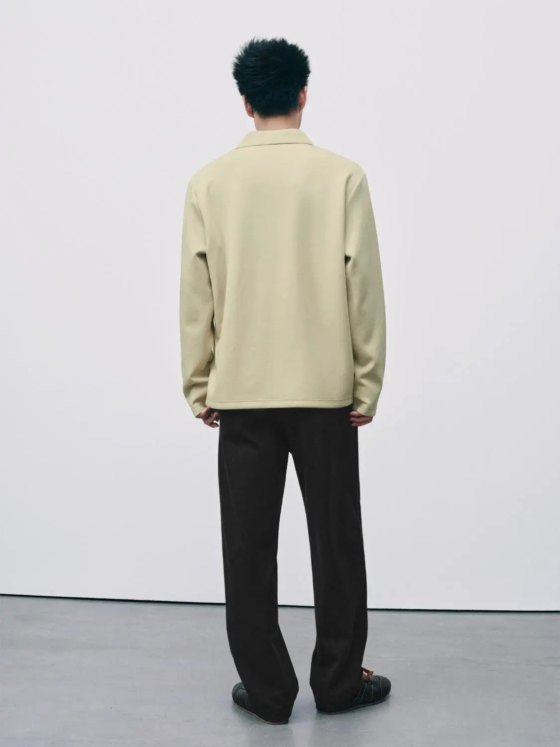Polo shirts by Urban Revivo Fashion, beige long-sleeve with collar, back view.