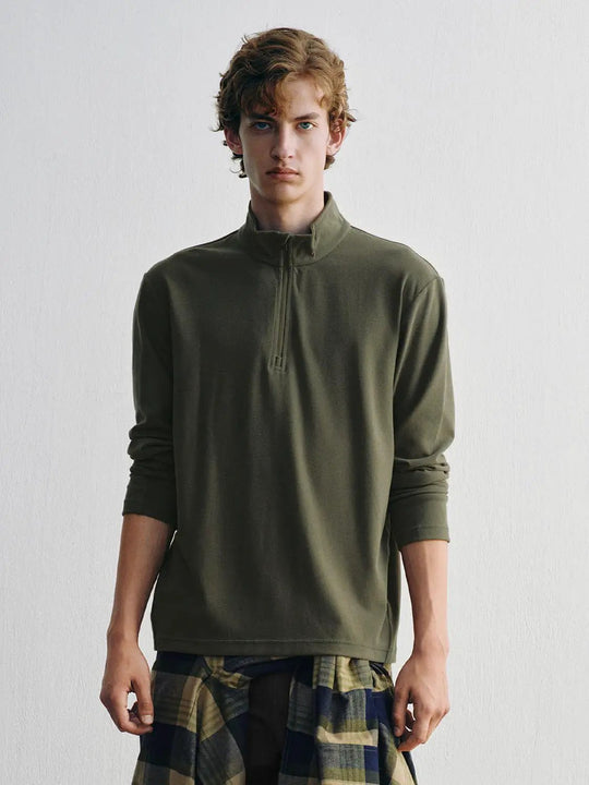 Felpa verde oliva a maniche lunghe con mezza zip e collo alto