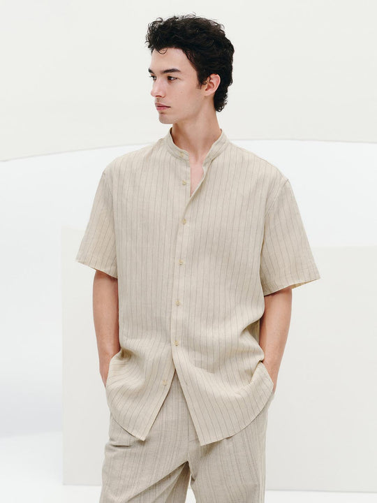 Striped Collarless Short Sleeve Shirts