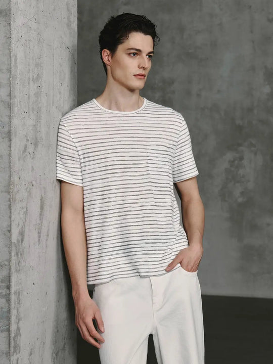 Lightweight Cotton Linen Striped Stretch Knit T-Shirts