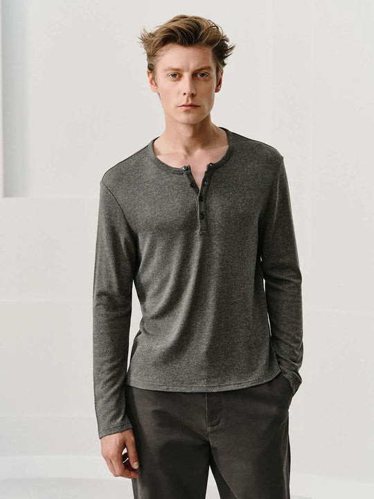 Grey Textured Long Sleeve Button Placket T-shirt
