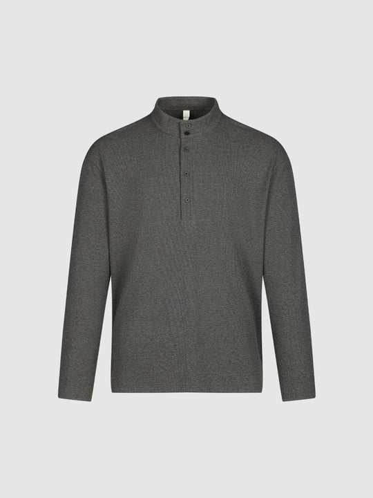 Button Front Mock Neck Long Sleeve Cotton Blend T-Shirt