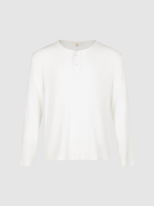 Thick Ribbed Crew Neck Long Sleeve Cotton Blend T-Shirt