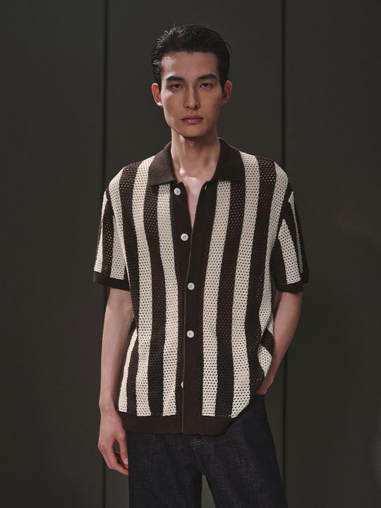 Contrast Striped Short Sleeve Collared Knitted Cardigans