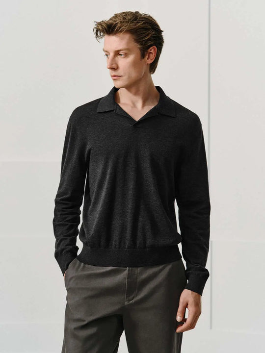 Polo Collar Long Sleeve Cotton Blend Knit Sweater