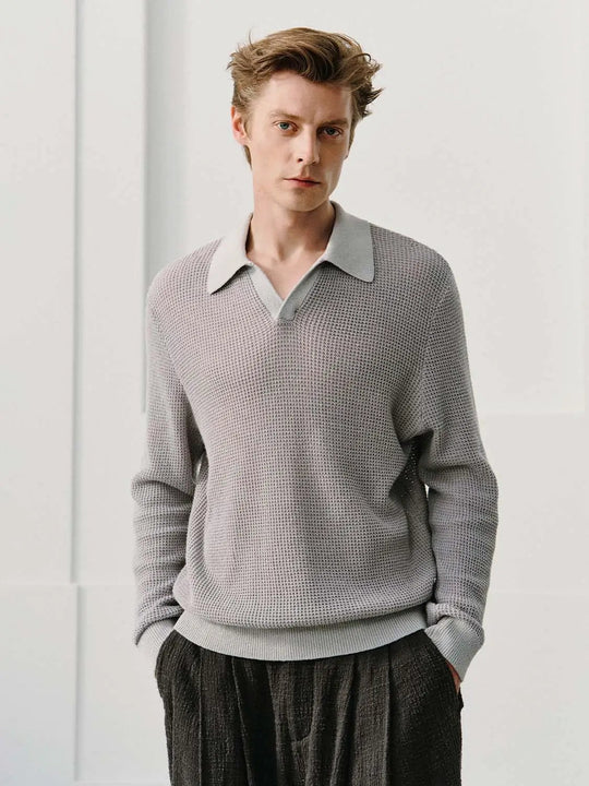 Textured Long Sleeve Shirt Collar Linen Blend Sweater