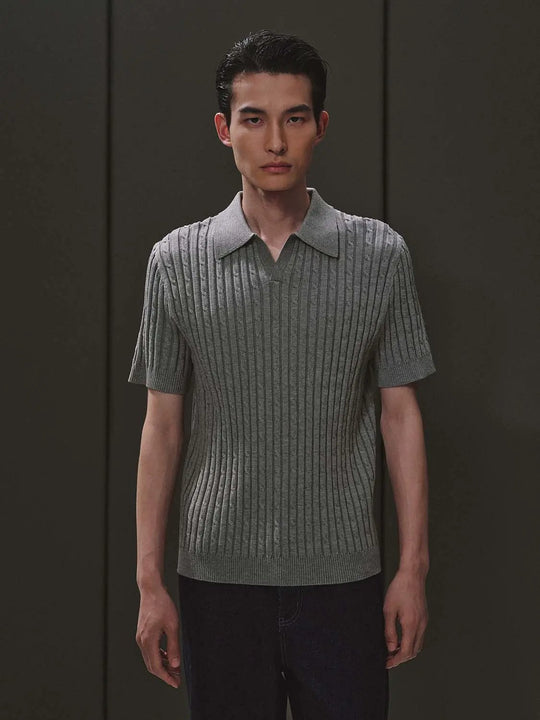 Ribbed Polo Collar Knit Pullover