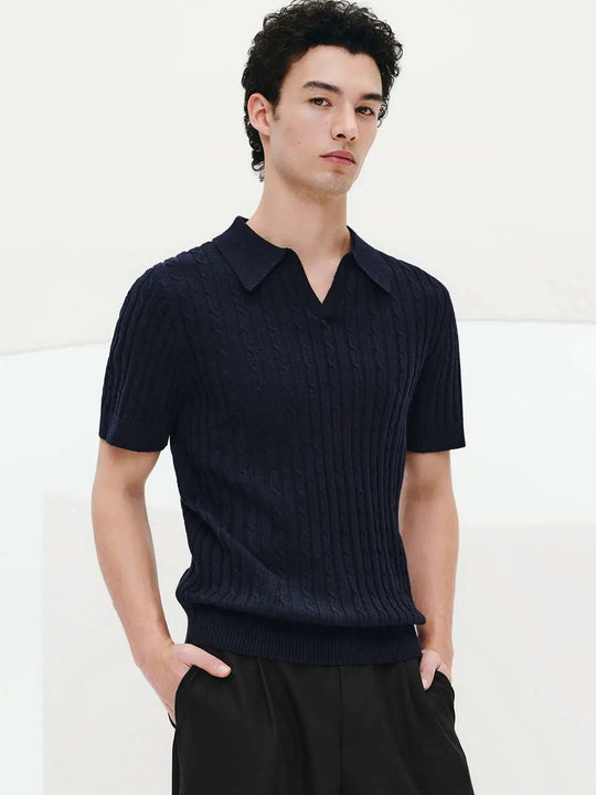 Ribbed Cable Knit Polo With Short Sleeves
