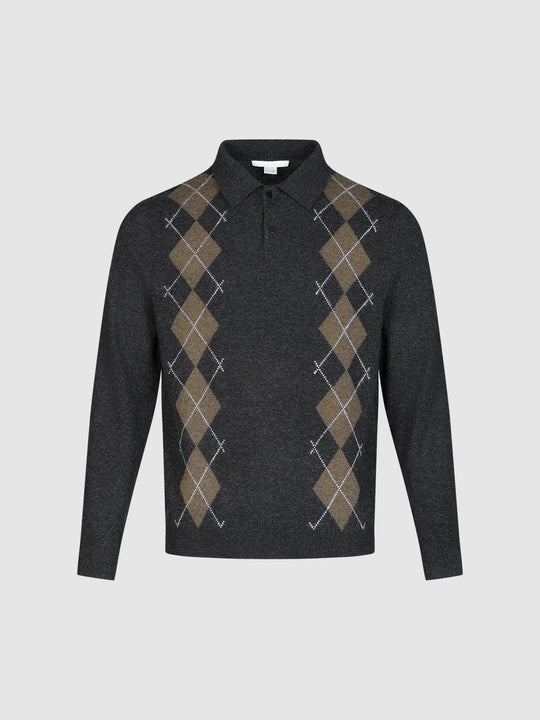Argyle Long Sleeve Polo Collar Knit Sweater