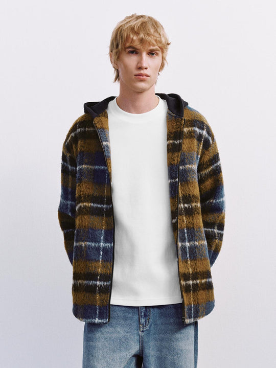 Contrast Zip Up Check Coats