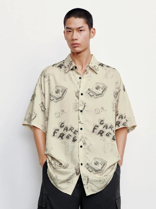 Beige Cotton Graphic Print Short Sleeve Shirts