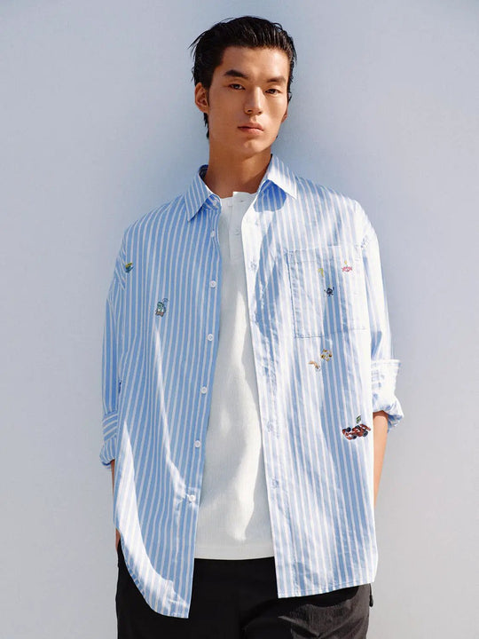 Vertical Striped Embroidered Cotton Shirt