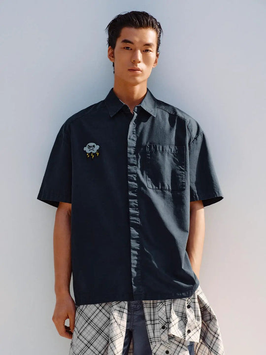 Embroidered Patch Chest Pocket Cotton Short Sleeve Shirt