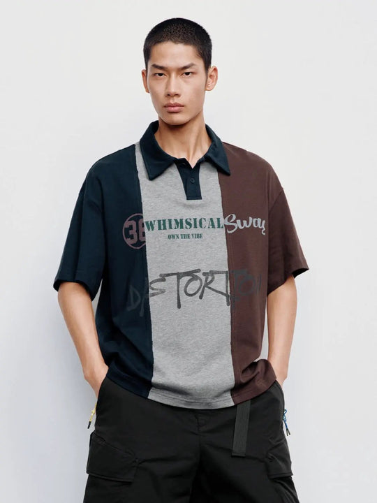 Cotton Colorblocked Striped Graphic Polo Shirt
