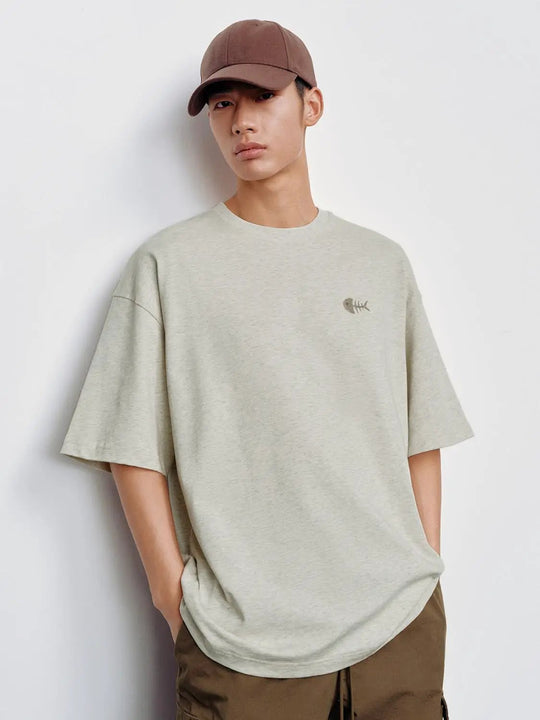 Cotton Crew Neck Tee With Small Fish Skeleton Print T Shirts