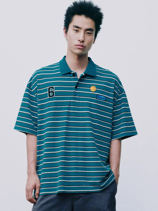 Striped Polo With Emoji Patch And Keypad Patch Cotton Shirt