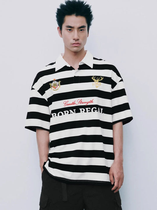 Cotton Striped Embroidered Crest Script Short Sleeve Polo Shirt