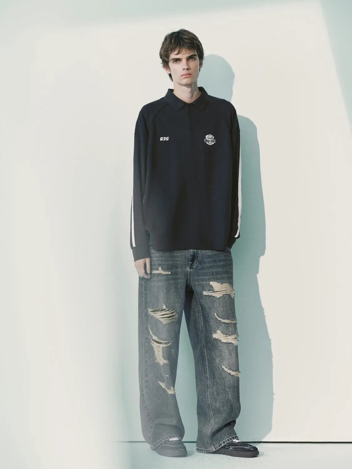 Polo shirt, navy long-sleeve with white stripe sleeves and chest logo, Urban Revivo Fashion