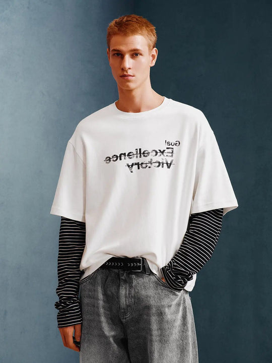 クルーネック テキストプリント 半袖コットン混Tシャツ
