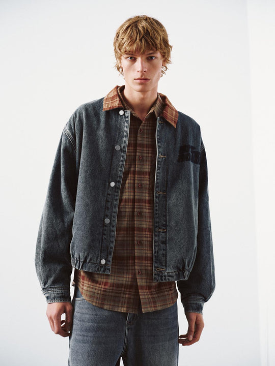 Contrast Plaid Collared Trucker Jackets