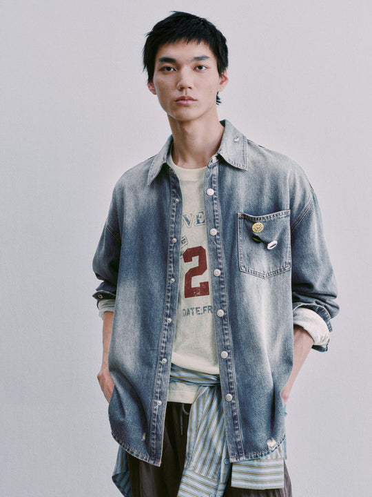 Patch Pocket Loose-Fit Washed Denim Shirts